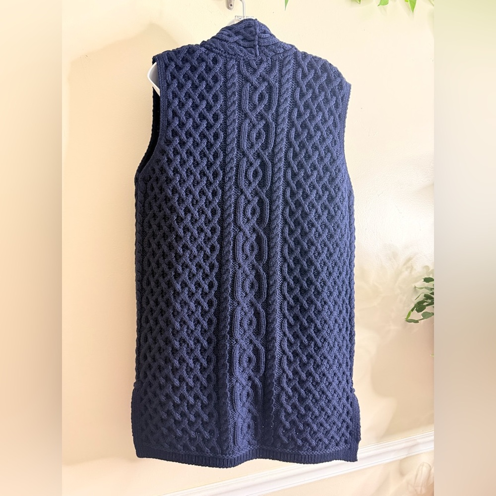 Aran Craft Merino Wool Open Front Vest with Pockets Navy Blue Cable Knit M - Picture 3 of 10